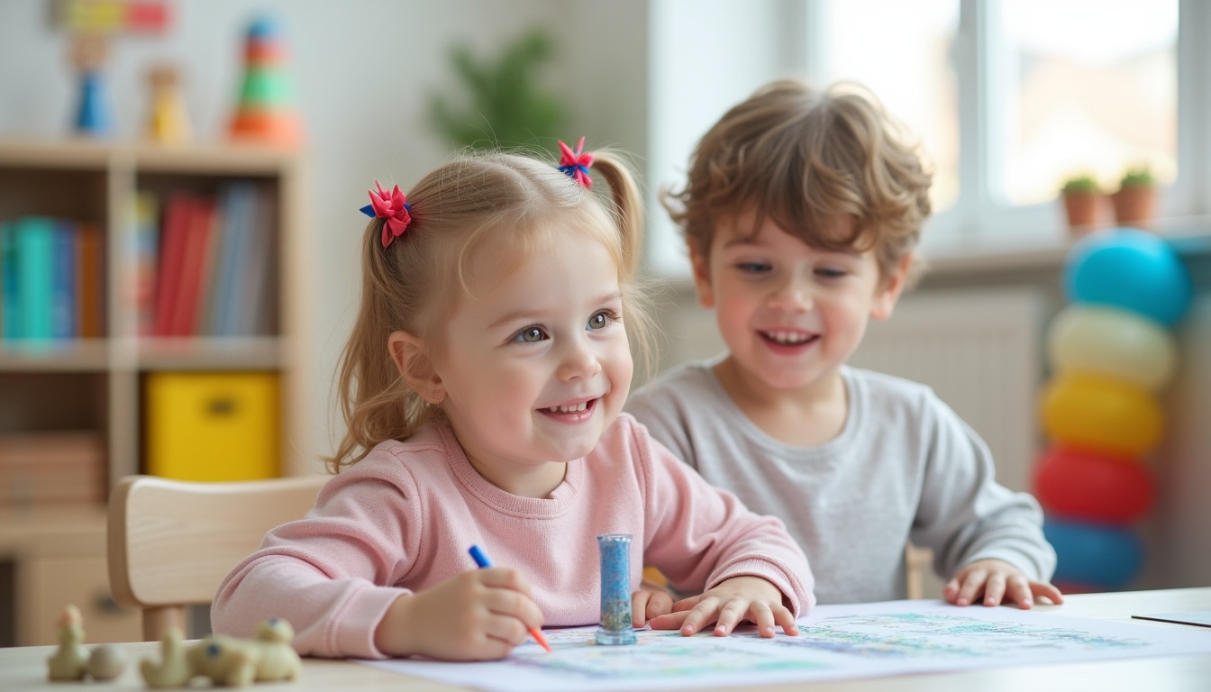 Copii fericiți jucându-se într-o cresa privata Ploiești, sub supravegherea educatoarelor.