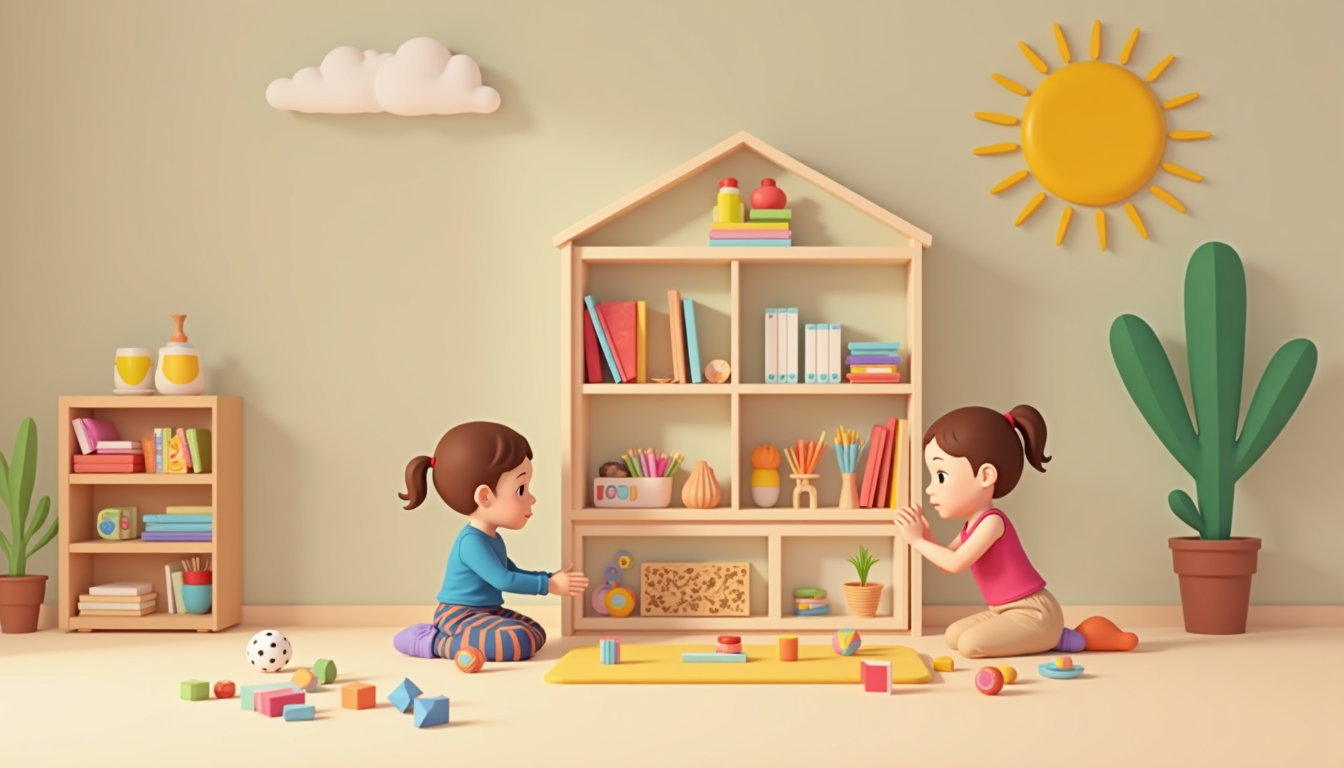 Copii fericiți într-o clasă de grădiniță Montessori, explorând materiale educative specifice