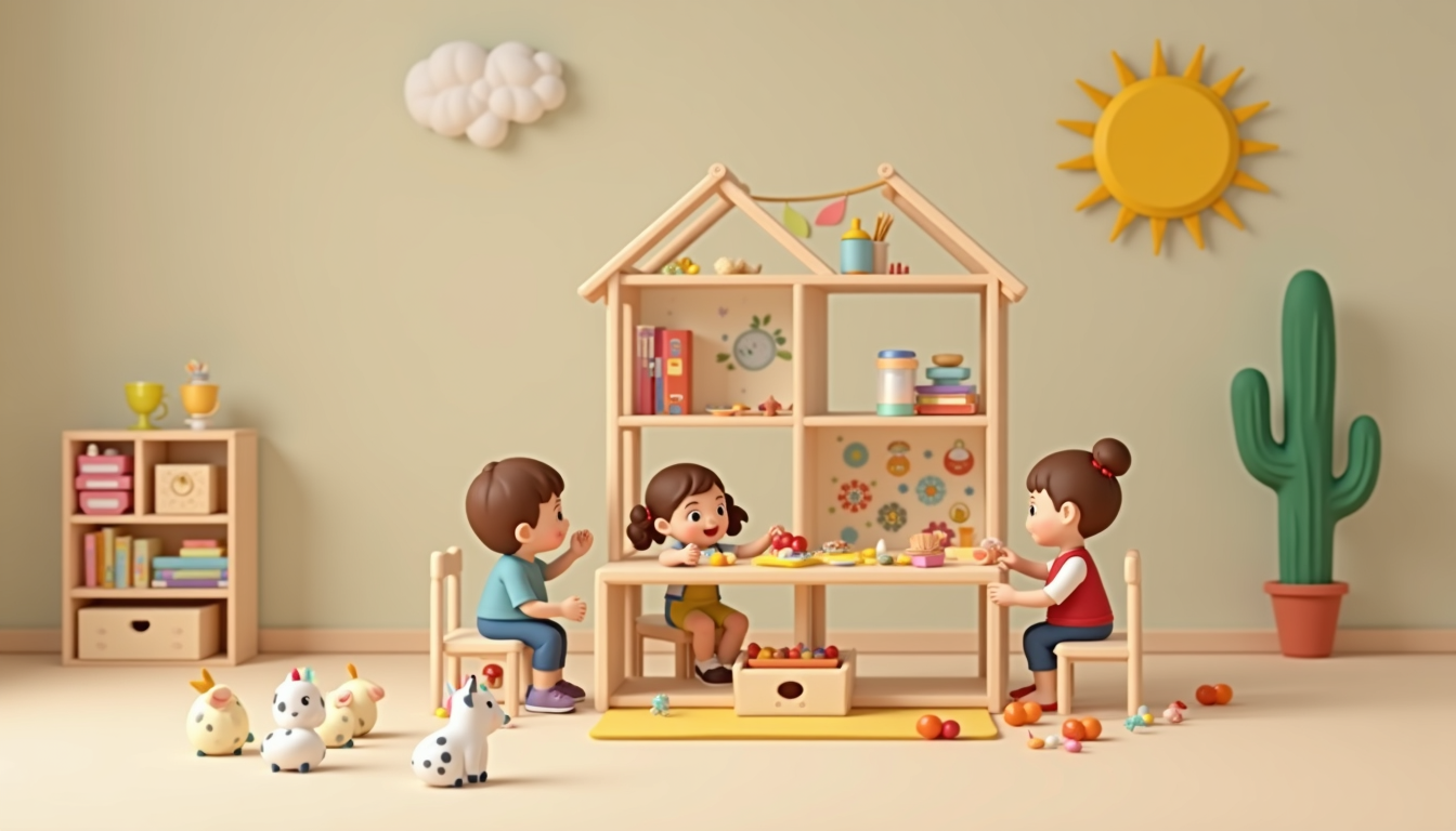 Copii fericiți într-o grădiniță Montessori, explorând materiale educaționale specifice.