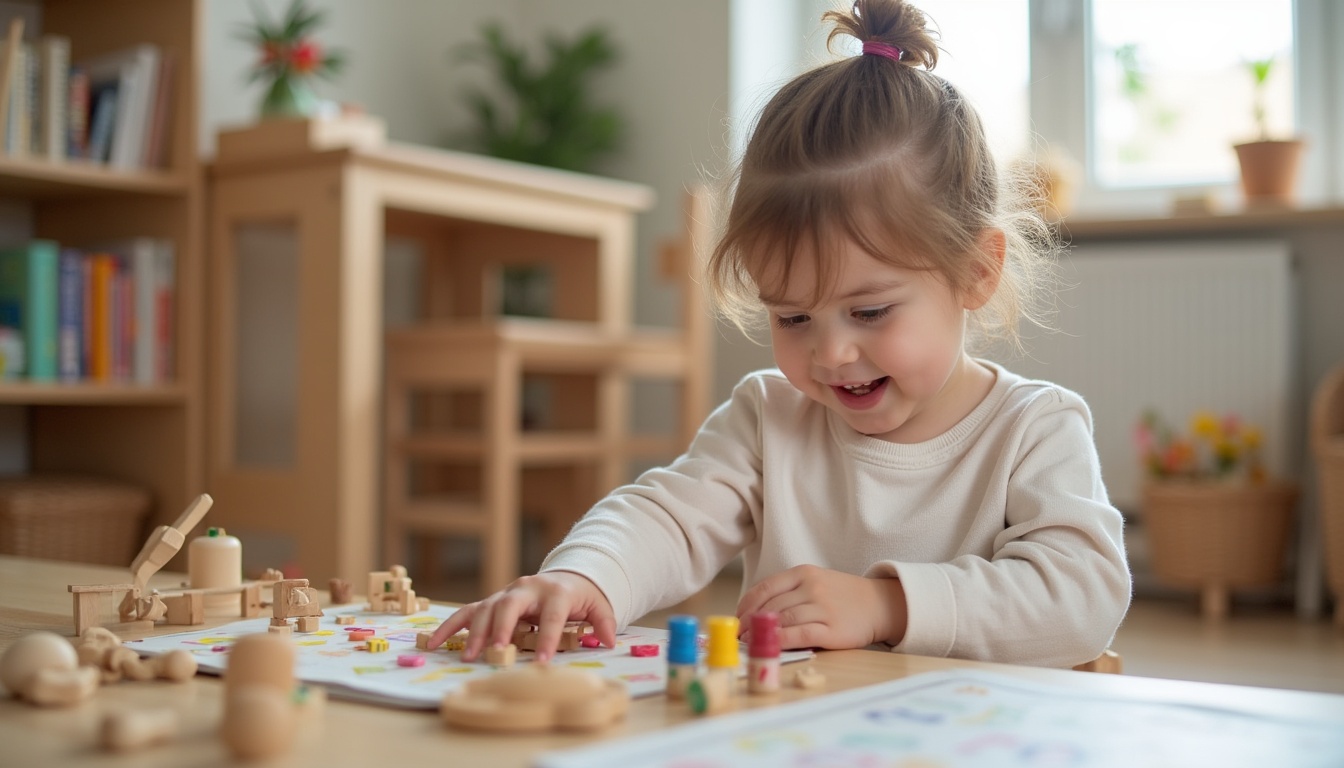 Copii fericiți într-o sală de clasă Montessori modernă, interacționând cu materiale didactice în 2026.