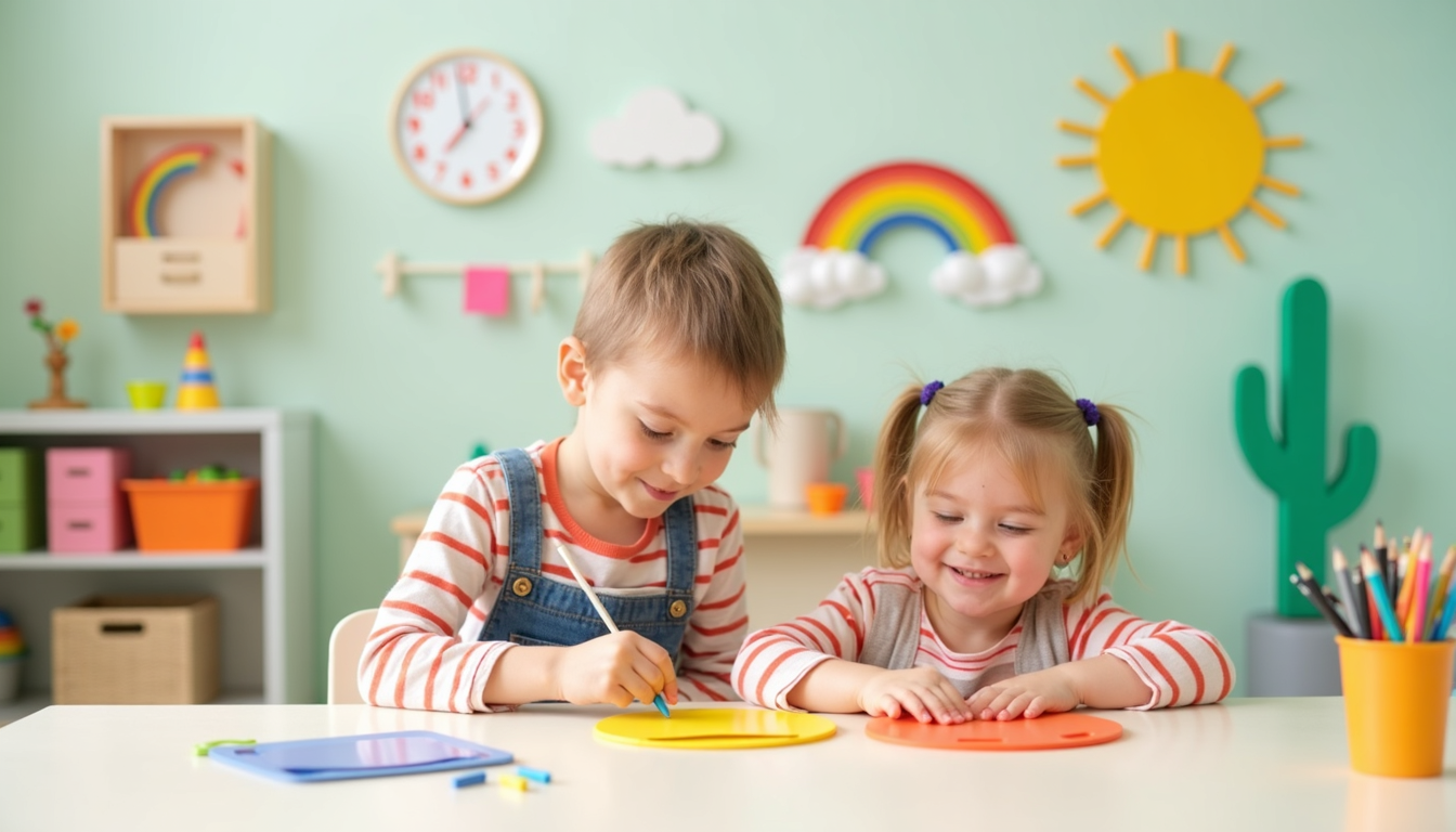 Un grup de copii fericiți jucându-se într-o cresă privată modernă din Ploiești, sub supravegherea unui educator